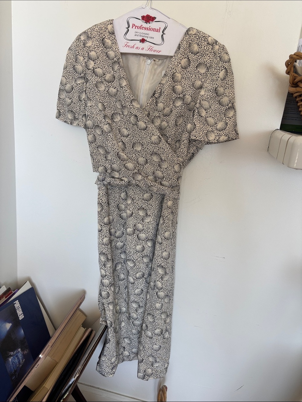 Vintage Carolina Herrera Black and White Seashell Printed Midi Dress
